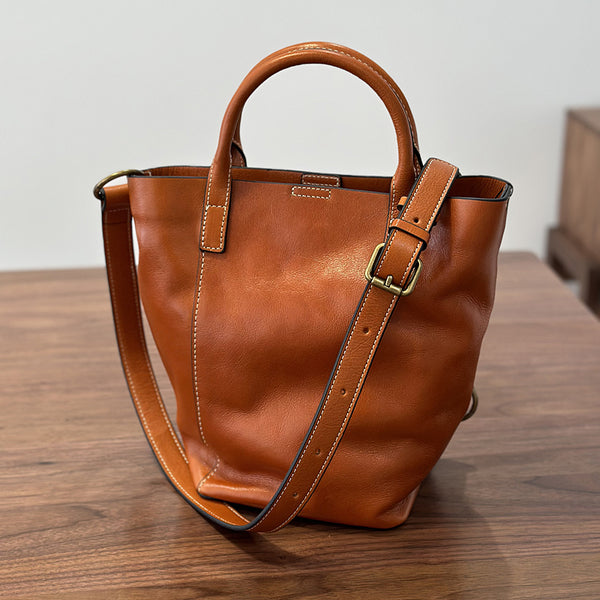 Vintage Genuine Leather Bucket Bag for Women Handheld Shoulder Crossbody Purse Elegant