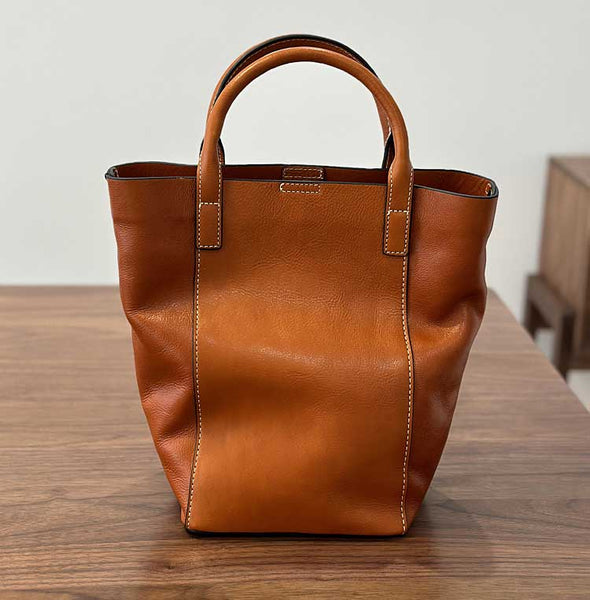 Vintage Genuine Leather Bucket Bag for Women Handheld Shoulder Crossbody Purse Fashion