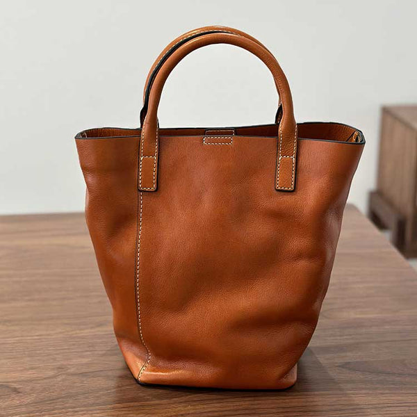 Vintage Genuine Leather Bucket Bag for Women Handheld Shoulder Crossbody Purse Fashionable