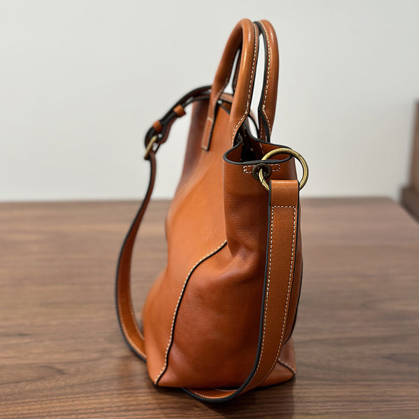 Vintage Genuine Leather Bucket Bag for Women Handheld Shoulder Crossbody Purse Funky