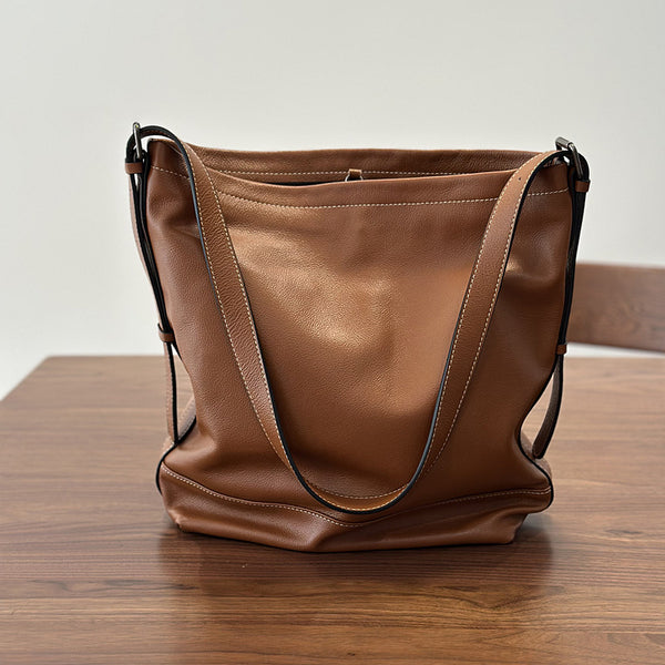 Women’s Leather Bucket Bag Retro Cowhide Shoulder Bag with Crossbody Strap