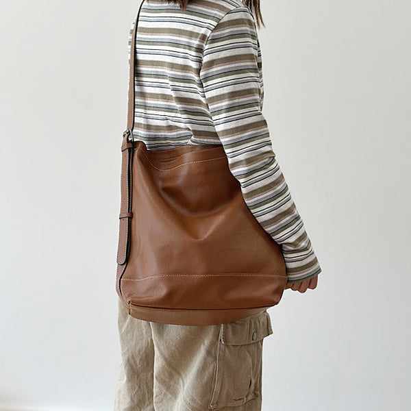 Vintage Genuine Leather Bucket Bag for Women Large Shoulder Crossbody Handbag Fashion