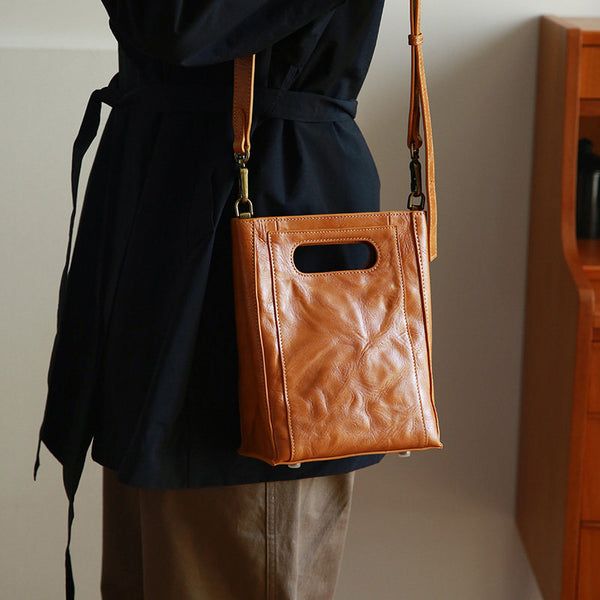 Vintage Genuine Leather Bucket Bag for Women Small Leather Crossbody Shoulder Bag Beautiful
