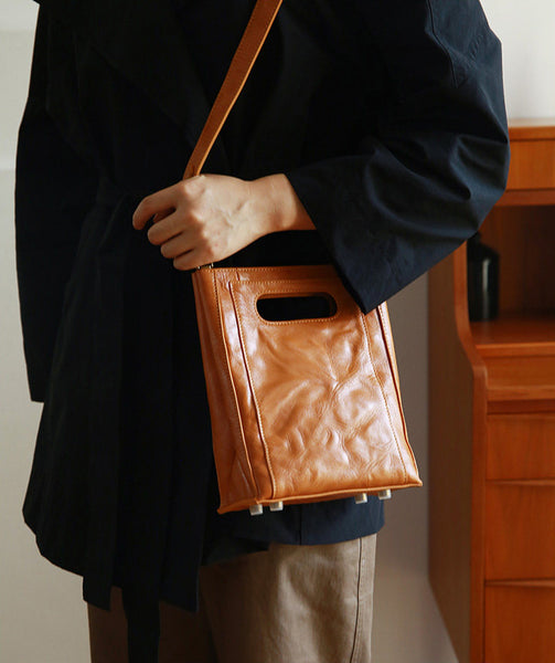 Vintage Genuine Leather Bucket Bag for Women Small Leather Crossbody Shoulder Bag Brown