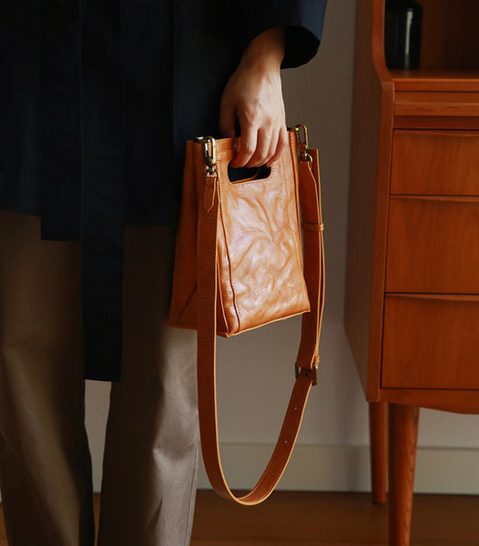 Vintage Genuine Leather Bucket Bag for Women Small Leather Crossbody Shoulder Bag Cute