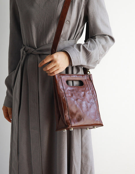 Vintage Genuine Leather Bucket Bag for Women Small Leather Crossbody Shoulder Bag Durable