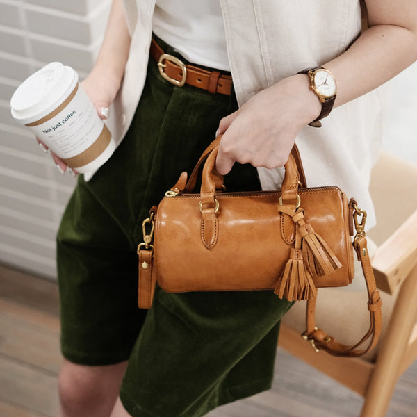 Womens Vintage Genuine Leather Cylinder Crossbody Bag Tassel Barrel Shoulder Bag Affordable