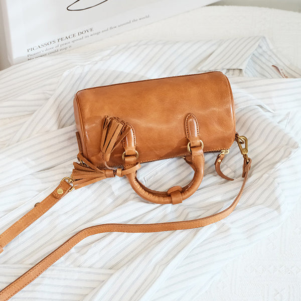 Womens Vintage Genuine Leather Cylinder Crossbody Bag Tassel Barrel Shoulder Bag Brown