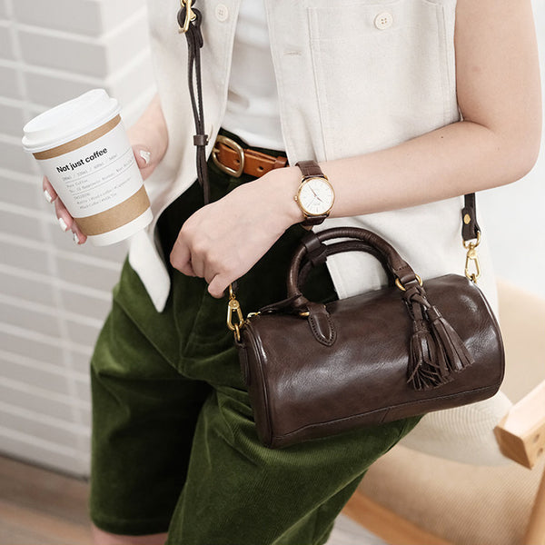 Womens Vintage Genuine Leather Cylinder Crossbody Bag Tassel Barrel Shoulder Bag Chic