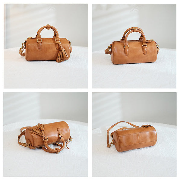 Womens Vintage Genuine Leather Cylinder Crossbody Bag Tassel Barrel Shoulder Bag Classy