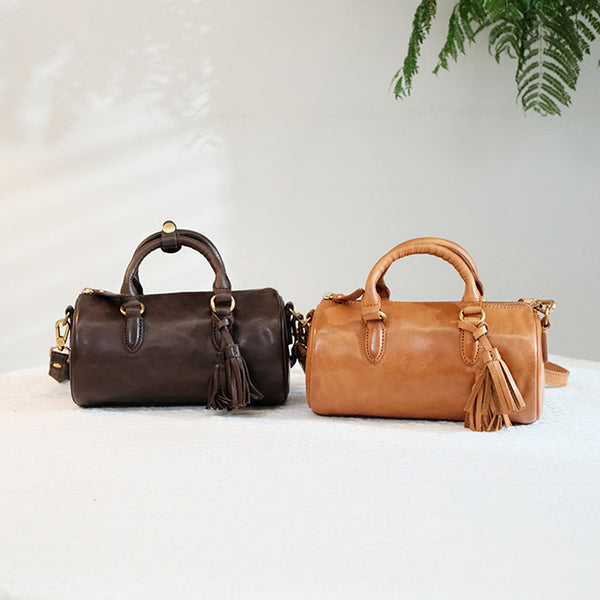 Womens Vintage Genuine Leather Cylinder Crossbody Bag Tassel Barrel Shoulder Bag Cool
