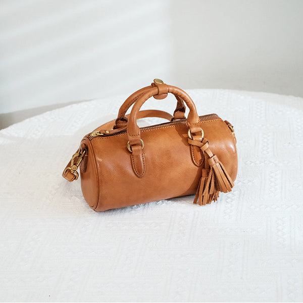 Womens Vintage Genuine Leather Cylinder Crossbody Bag Tassel Barrel Shoulder Bag Cute