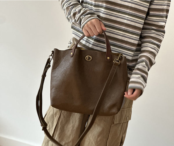 Vintage Genuine Leather Handbag for Women Real Leather Tote with Top Handle Shoulder and Crossbody Strap Funky