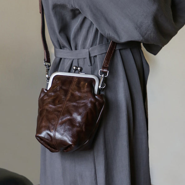 Vintage Genuine Leather Kiss Lock Bag for Women Small Crossbody Purse Best
