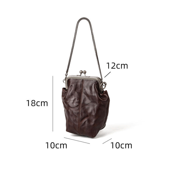 Vintage Genuine Leather Kiss Lock Bag for Women Small Crossbody Purse Small