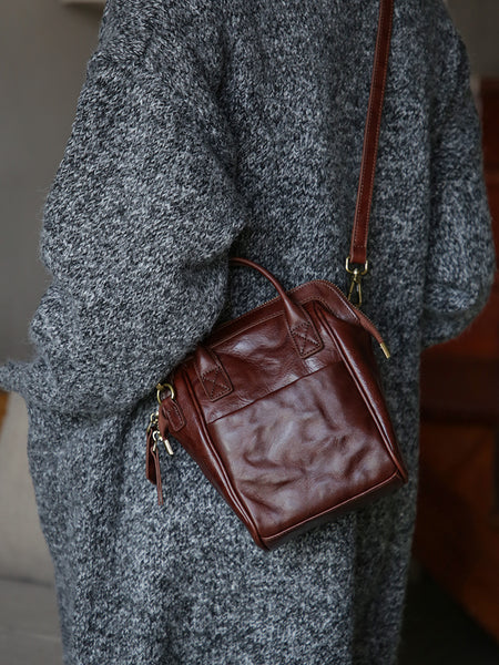 Women’s Mini Vegetable-Tanned Leather Backpack Bag Convertible Crossbody Handbag