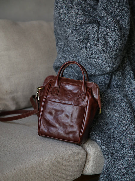 Vintage Genuine Leather Mini Convertible Backpack for Women Brown