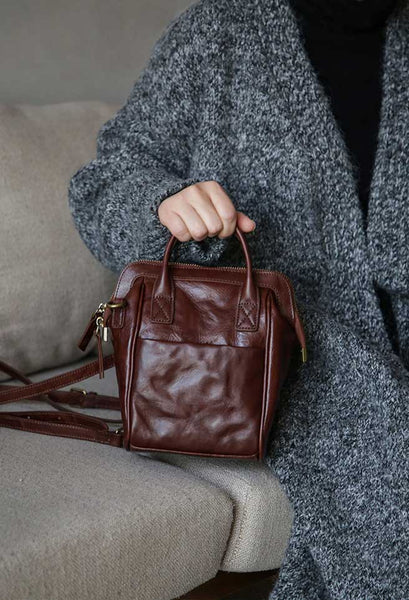 Vintage Genuine Leather Mini Convertible Backpack for Women Chic