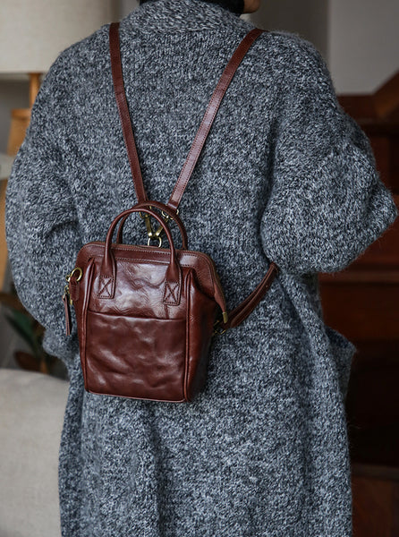 Vintage Genuine Leather Mini Convertible Backpack for Women Classy