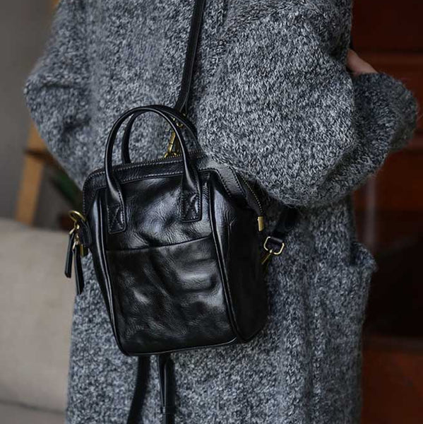 Vintage Genuine Leather Mini Convertible Backpack for Women Cowhide