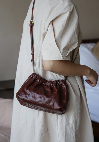 Vintage Genuine Leather Ruched Shoulder Crossbody Bag for Women Soft Vegetable-Tanned Cowhide Purse