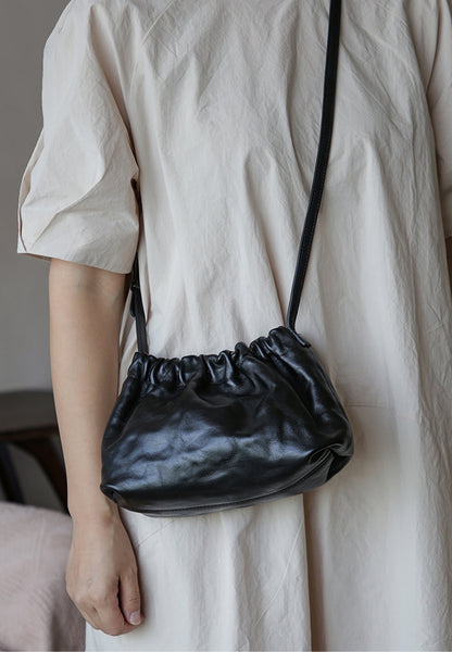 Soft Ruched Leather Crossbody Bag for Women Vintage Vegetable Tanned Cowhide Shoulder Purse