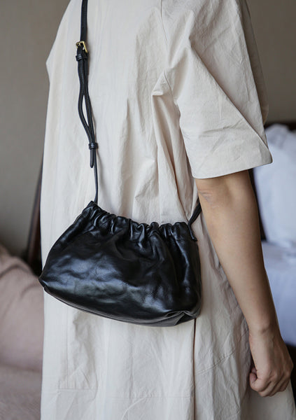 Vintage Genuine Leather Ruched Shoulder Crossbody Bag for Women Soft Vegetable-Tanned Cowhide Purse Casual