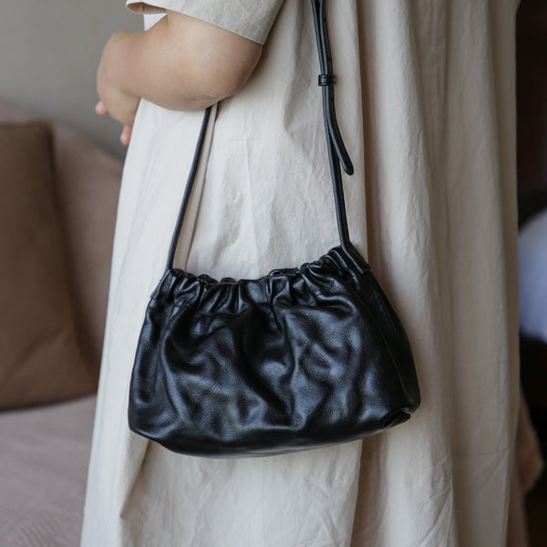 Vintage Genuine Leather Ruched Shoulder Crossbody Bag for Women Soft Vegetable-Tanned Cowhide Purse Chic