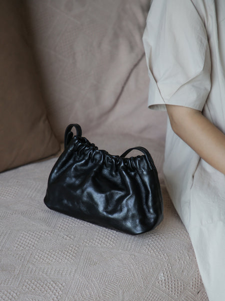 Vintage Genuine Leather Ruched Shoulder Crossbody Bag for Women Soft Vegetable-Tanned Cowhide Purse Classic