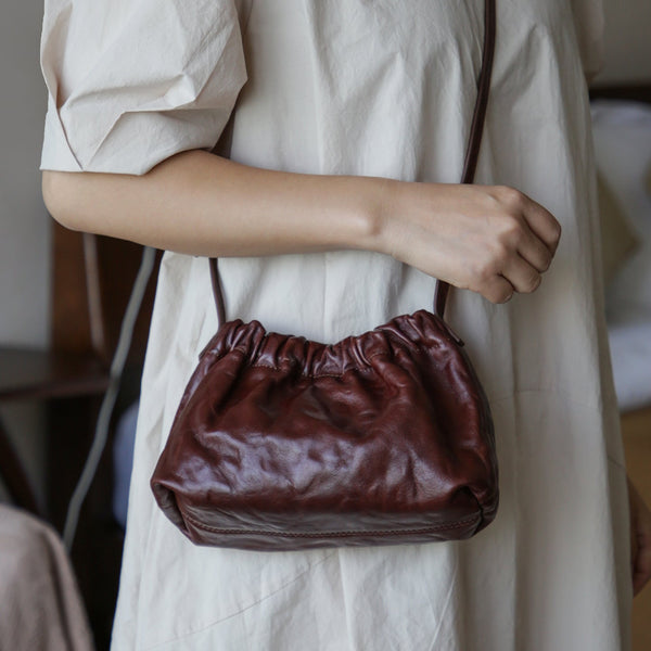 Vintage Genuine Leather Ruched Shoulder Crossbody Bag for Women Soft Vegetable-Tanned Cowhide Purse Classy