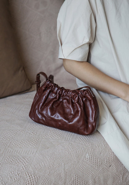 Vintage Genuine Leather Ruched Shoulder Crossbody Bag for Women Soft Vegetable-Tanned Cowhide Purse Cowhide