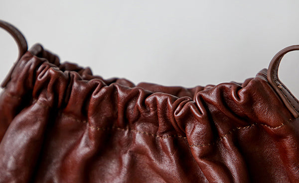 Vintage Genuine Leather Ruched Shoulder Crossbody Bag for Women Soft Vegetable-Tanned Cowhide Purse Durable