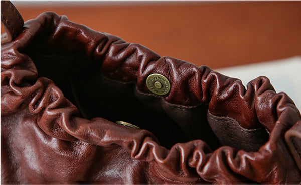 Vintage Genuine Leather Ruched Shoulder Crossbody Bag for Women Soft Vegetable-Tanned Cowhide Purse Fashion