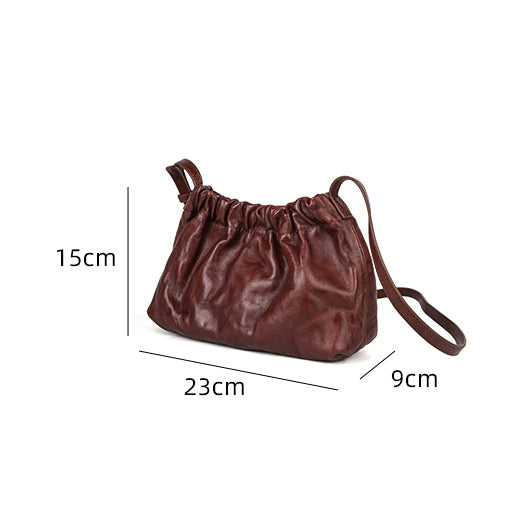 Vintage Genuine Leather Ruched Shoulder Crossbody Bag for Women Soft Vegetable-Tanned Cowhide Purse Gift-idea