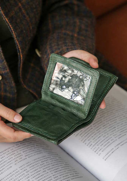 Womens Retro Leather Small Wallet Soft Cowhide Short Purse with ID Window