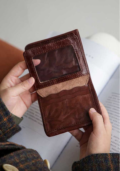 Vintage Genuine Leather Short Wallet for Women Compact Bifold Purse with Card Slots Cowhide