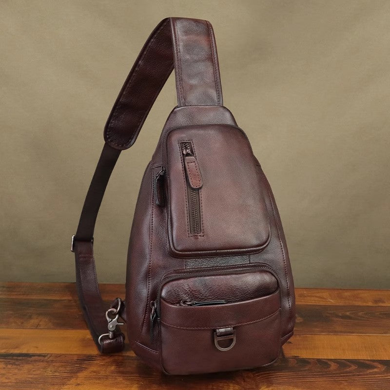 Vintage Genuine Leather Sling Bag for Men and Women – Retro Chest Shoulder Crossbody Pack Affordable