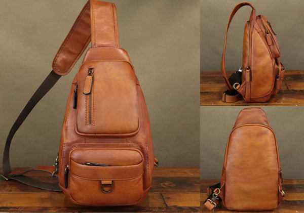 Real Leather Crossbody Sling Bag for Men Women Retro Small Shoulder Chest Pack