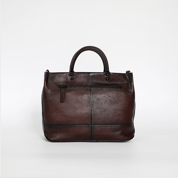Vintage Genuine Leather Tote Bag Hand Painted Cowhide Handbag Patchwork Shoulder Bag for Women Back