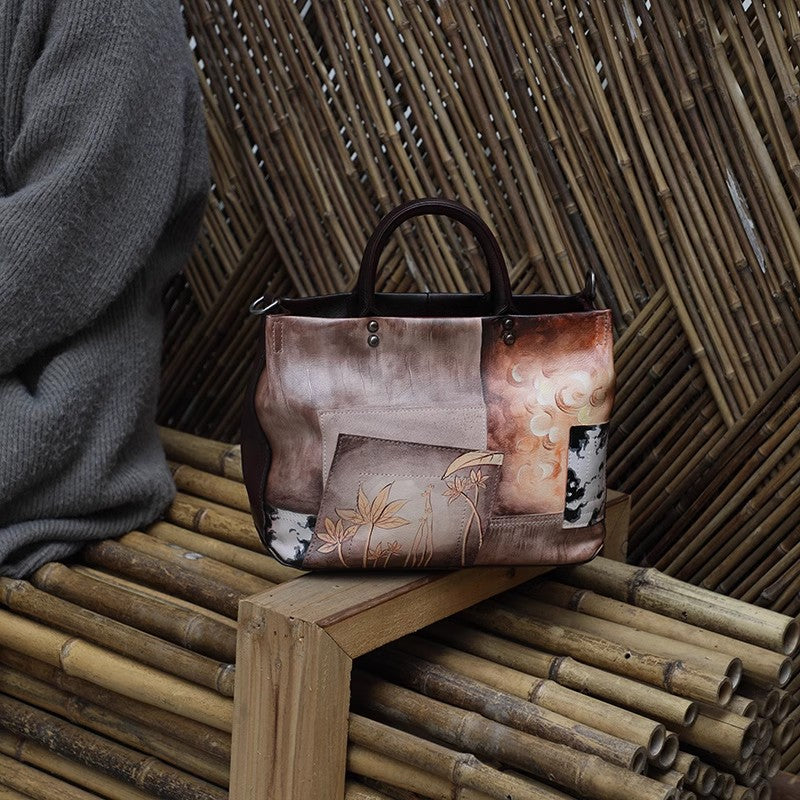 Vintage Genuine Leather Tote Bag Hand Painted Cowhide Handbag Patchwork Shoulder Bag for Women Beautiful