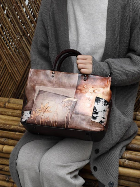 Vintage Genuine Leather Tote Bag Hand Painted Cowhide Handbag Patchwork Shoulder Bag for Women Brown