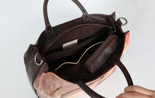 Vintage Genuine Leather Tote Bag Hand Painted Cowhide Handbag Patchwork Shoulder Bag for Women Capacity