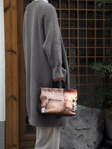 Vintage Genuine Leather Tote Bag Hand Painted Cowhide Handbag Patchwork Shoulder Bag for Women Casual