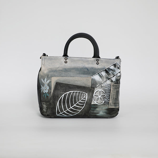 Vintage Genuine Leather Tote Bag Hand Painted Cowhide Handbag Patchwork Shoulder Bag for Women Classic