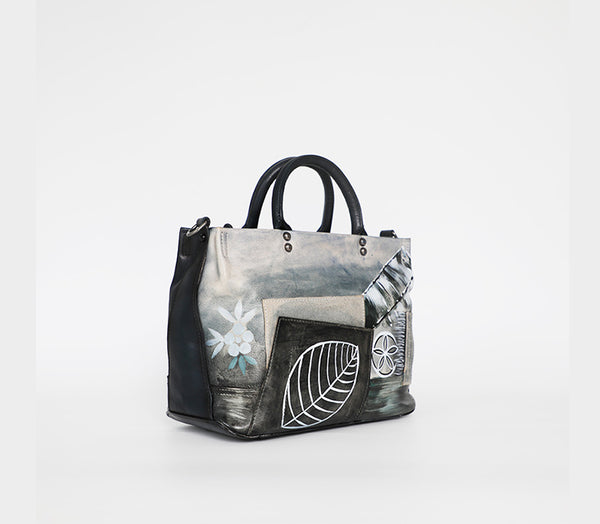 Vintage Genuine Leather Tote Bag Hand Painted Cowhide Handbag Patchwork Shoulder Bag for Women Cool