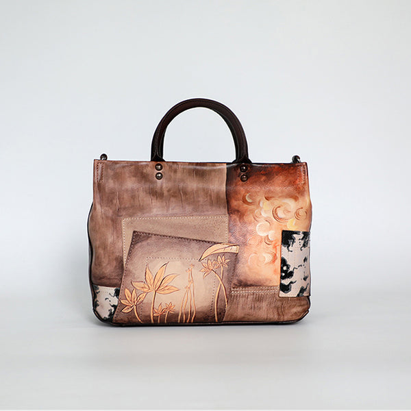 Vintage Genuine Leather Tote Bag Hand Painted Cowhide Handbag Patchwork Shoulder Bag for Women Cowhide