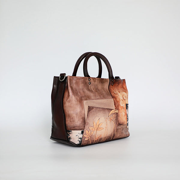 Vintage Genuine Leather Tote Bag Hand Painted Cowhide Handbag Patchwork Shoulder Bag for Women Designer