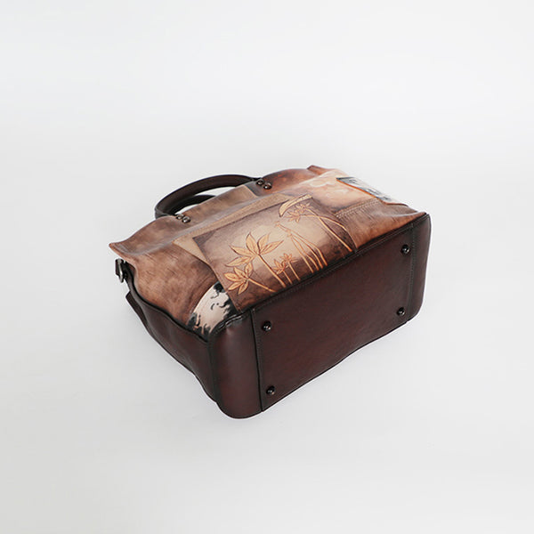 Vintage Genuine Leather Tote Bag Hand Painted Cowhide Handbag Patchwork Shoulder Bag for Women Durable