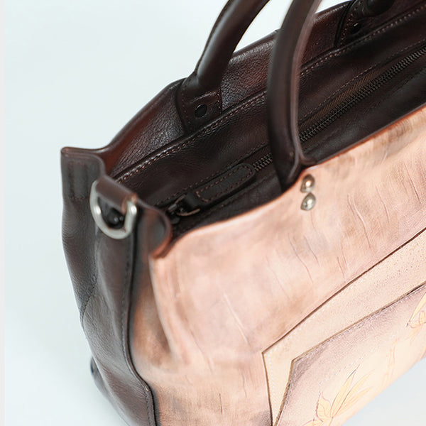 Vintage Genuine Leather Tote Bag Hand Painted Cowhide Handbag Patchwork Shoulder Bag for Women Fashion