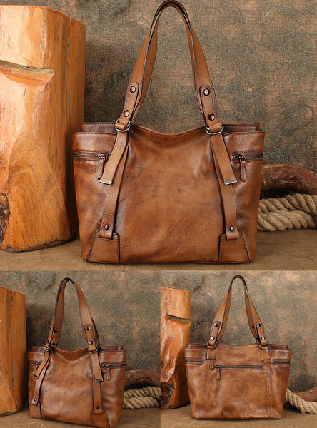 Vintage Genuine Leather Tote Bag for Women Large Crossbody Handbag Cool